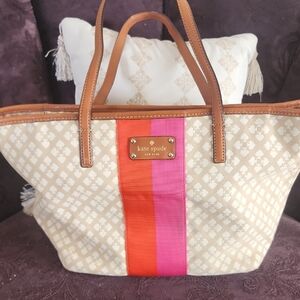 Kate Spade Tan Tote with Red and Pink Stripe